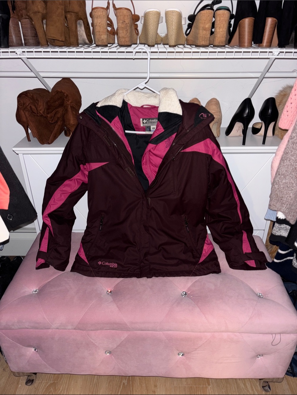 Columbia Burgundy and Pink Women's Ski Jacket with Hood